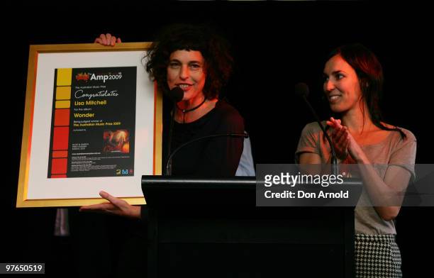 Deborah Conway and Holly Throsby announce the winner of APRA Australian Music Prize Award to Lisa Mitchell at the Museum of Contemporary Art on March...