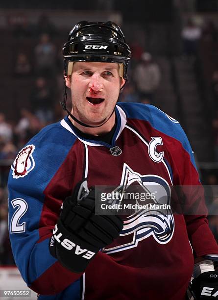 Adam Foote of the Colorado Avalanche reacts after the team scored a goal against the Florida Panthers at the Pepsi Center on March 11, 2010 in...