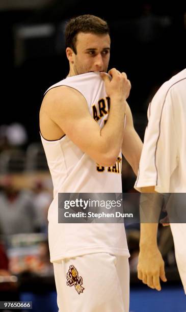 Derek Glasser of the Arizona State Sun Devils reacts after the game with the Stanford Cardinal during the quarterfinals of the Pac-10 Basketball...