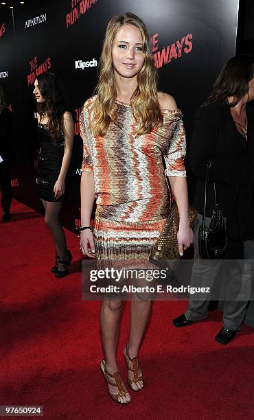 Actress Jennifer Lawrence arrives at the premiere of Apparition's "The Runaways" held at ArcLight Cinemas Cinerama Dome on March 11, 2010 in Los...