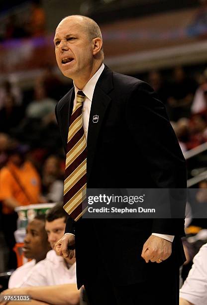 Head coach Herb Sendek of the Arizona State Sun Devils complains to the referees in the game with the Stanford Cardinal during the quarterfinals of...