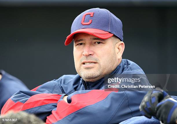 Manager Manny Acta of the Cleveland Indians during the MLB spring training game against the Seattle Mariners at Peoria Stadium on March 9, 2010 in...
