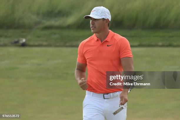 Brooks Koepka of the United States reacts on the 14th green during the third round of the 2018 U.S. Open at Shinnecock Hills Golf Club on June 16,...