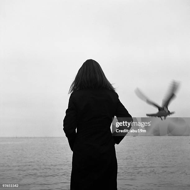 woman looking at view of pigeon lake - abu19m stock pictures, royalty-free photos & images