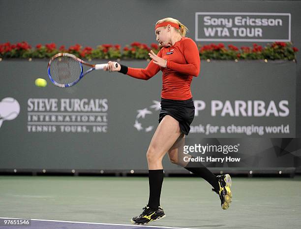 Bethanie Mattek-Sands of the United States returns a forehand in her match against Yaroslava Shvedova of Kazakhstan during the BNP Paribas Open at...