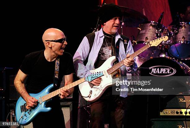 Joe Satriani and Brad Whitford perform as part of the Experience Hendrix Tribute at The Warfield Theater on March 10, 2010 in San Francisco,...