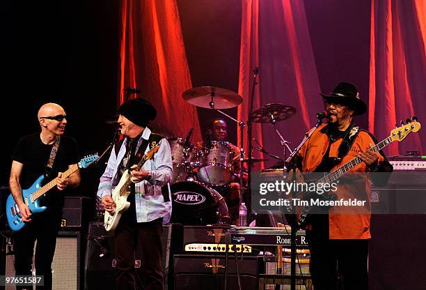 Joe Satriani, Brad Whitford, and Billy Cox perform as part of the Experience Hendrix Tribute at The Warfield Theater on March 10, 2010 in San...