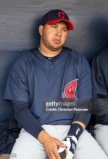 Jhonny Peralta of the Cleveland Indians before during the MLB spring training game against the Seattle Mariners at Peoria Stadium on March 9, 2010 in...