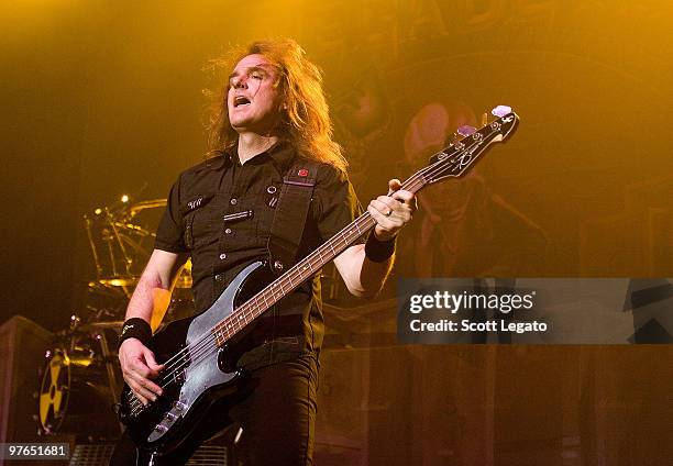 David Ellefson of Megadeth performs at the Egyptian Room, Murat Centre on March 11, 2010 in Indianapolis, Indiana.