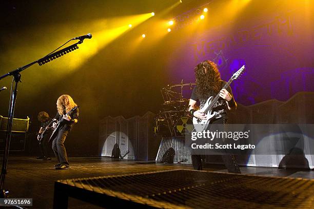 David Ellefson, Dave Mustaine and Chris Broderick of Megadeth perform at the Egyptian Room, Murat Centre on March 11, 2010 in Indianapolis, Indiana.