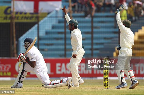 England batsman Michael Carberry is given out lbw on his test match debut during day one of the 1st Test match between Bangladesh and England at...