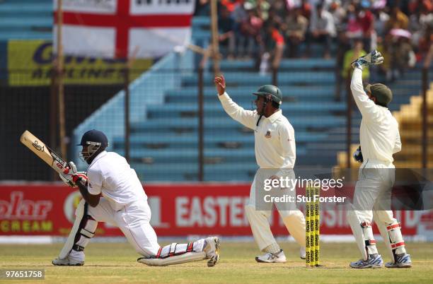 England batsman Michael Carberry is given out lbw on his test match debut during day one of the 1st Test match between Bangladesh and England at...