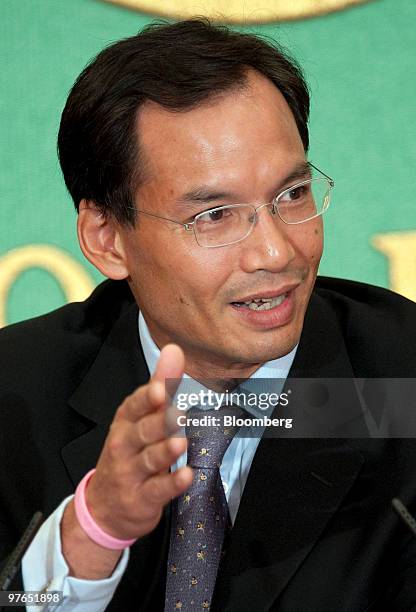Korn Chatikavanij, Thailand's finance minister, speaks during a news conference at the Japan National Press Club in Tokyo, Japan, on Friday, March...
