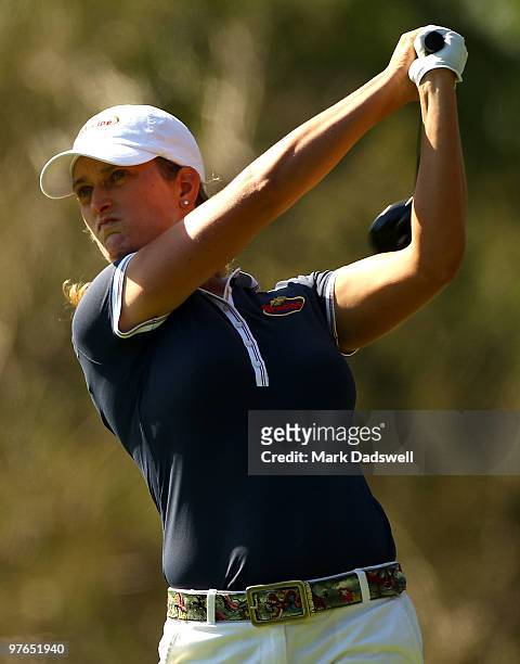 Giulia Sergas of Italy plays her tee shot on the fifth hole during round two of the 2010 Women's Australian Open at The Commonwealth Golf Club on...