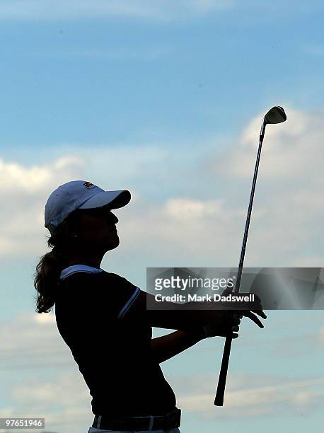 Giulia Sergas of Italy follows the flight of her approach shot on the fourth hole during round two of the 2010 Women's Australian Open at The...