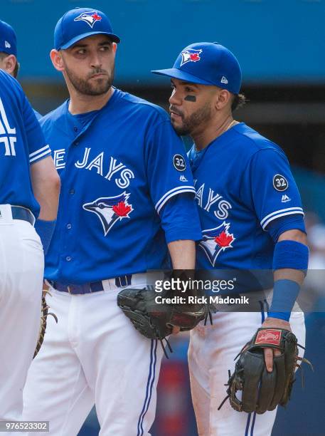 Toronto Blue Jays second baseman Devon Travis appears to rest his chin on the shoulder of Toronto Blue Jays starting pitcher Marco Estrada who waits...