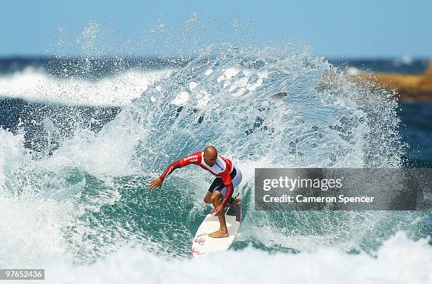 Kelly Slater of the United States performs a cutback during an aerial expression session on day one of Surfsho at Bondi Beach on March 12, 2010 in...