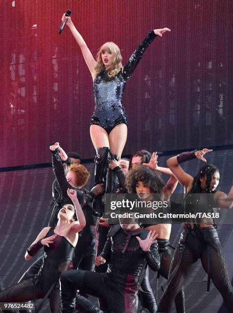 Taylor Swift performs on stage during her reputation Stadium Tour at Croke Park on June 16, 2018 in Dublin, Ireland.