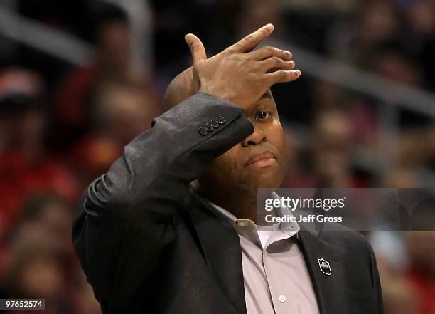 Oregon State Beavers head coach Craig Robinson wipes his brow in the first half against the Washington Huskies during the Quarterfinals of the Pac-10...