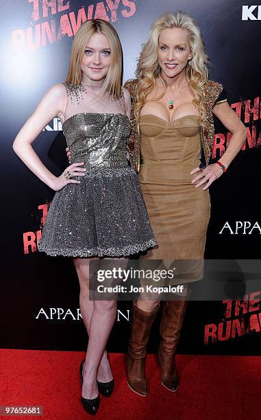 Actress Dakota Fanning and actress Cherie Currie arrive at the Los Angeles Premiere "The Runaways" at the ArcLight Cinemas Cinerama Dome on March 11,...