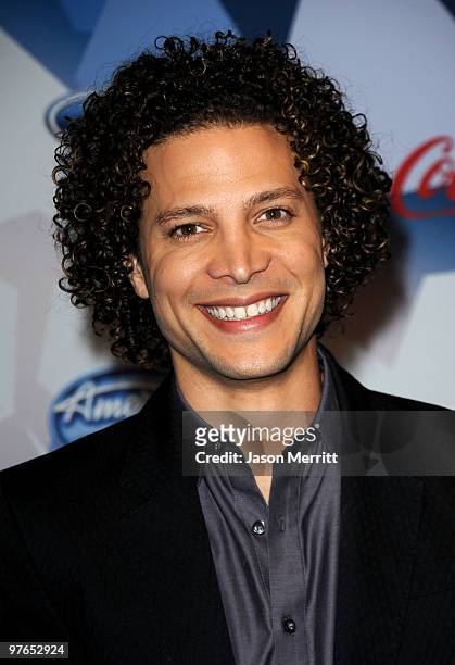 Former contestant Justin Guarini arrives at Fox's Meet The Top 12 "American Idol" Finalists at Industry on March 11, 2010 in Los Angeles, California.