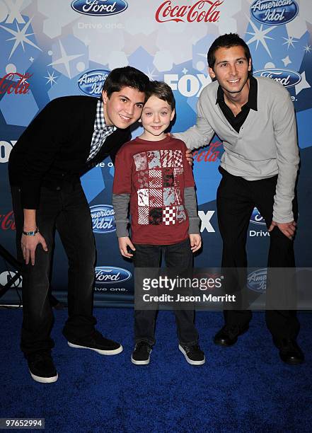 Actors Matthew Levy, Benjamin Stockham and executive producer Justin Berfield arrive at Fox's Meet The Top 12 "American Idol" Finalists at Industry...