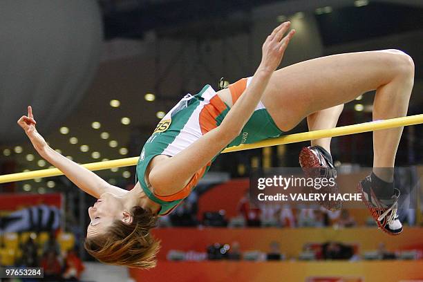 Ireland's Deirdre Ryan competes in the women's high jump qualifying round at the 2010 IAAF World Indoor Athletics Championships at the Aspire Dome in...