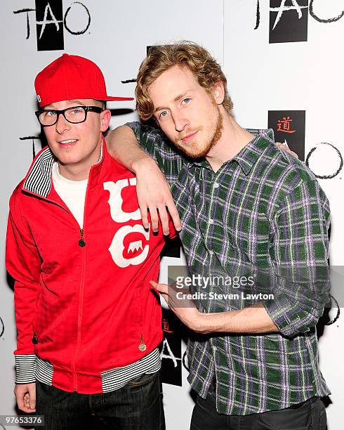 Wreckin Eyez and recording artist Asher Roth arrive at Tao Nightclub at the Venetian Resort Hotel Casino on March 11, 2010 in Las Vegas, Nevada.