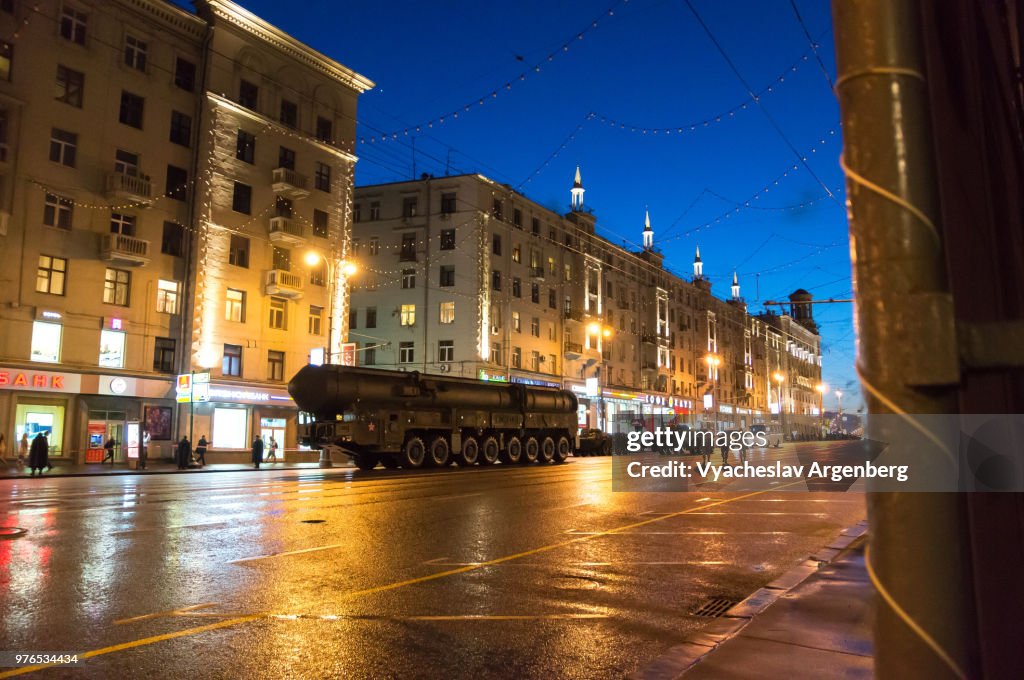 RT-2PM2 Topol-M nuclear warhead strategic intercontinental space ballistic missile mobile launchers on the streets of Moscow, Russia