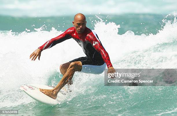 Kelly Slater of the United States rides a wave into shore during an aerial expression session on day one of Surfsho at Bondi Beach on March 12, 2010...