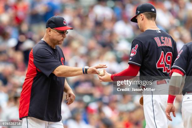 Manager Terry Francona removes relief pitcher Tyler Olson of the Cleveland Indians from the game during the sixth inning after Olsen gave up three...