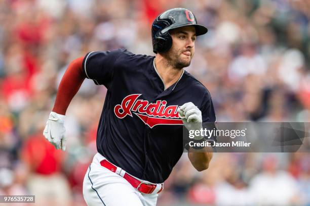 Lonnie Chisenhall of the Cleveland Indians runs out a double during the fourth inning against the Minnesota Twins at Progressive Field on June 16,...