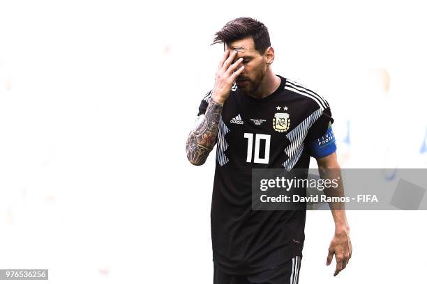 Lionel Messi of Argentina looks on dejected during the 2018 FIFA World Cup Russia group D match between Argentina and Iceland at Spartak Stadium on...