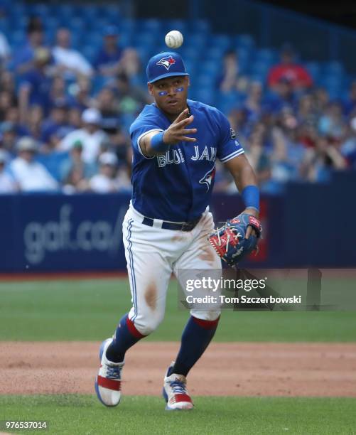Yangervis Solarte of the Toronto Blue Jays makes the play and throws out the baserunner in the eighth inning during MLB game action against the...
