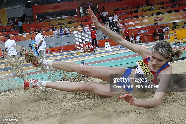 Russia's Anastasiya Taranova-Potapova competes in the women's triple jump qualifying round at the 2010 IAAF World Indoor Athletics Championships at...