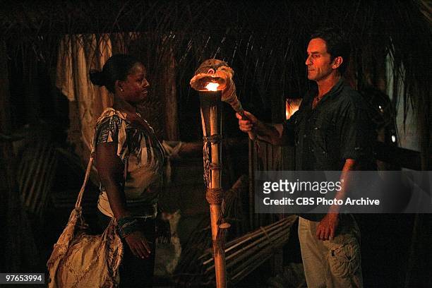 Cirie Fields, has her torch snuffed out by Jeff Probst, during tribal council during the fourth episode of SURVIVOR: HEROES VS. VILLAINS, Thursday,...