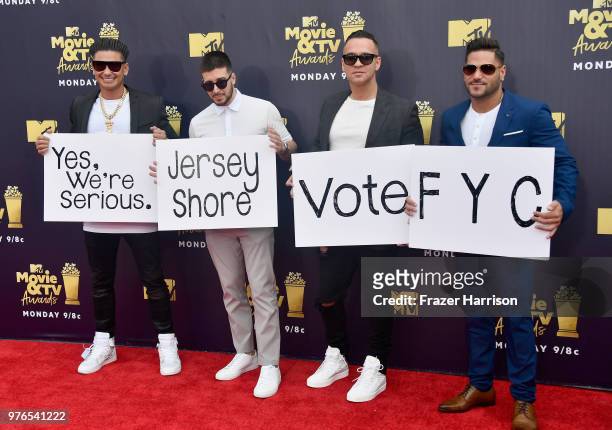 Personalities DJ Pauly D, Vinny Guadagnino, Mike 'The Situation' Sorrentino, and Ronnie Ortiz-Magro attend the 2018 MTV Movie And TV Awards at Barker...