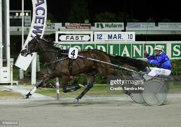 Blair Orange riding Russley Rascal wins race 4, the Woodlands Stud Northern Derby during the Auckland Trotting Cup meeting at Alexandra Park on March...