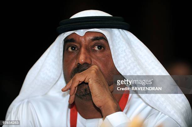 Sheikh Ahmed bin Saeed al-Maktoum, chairman of Dubai Airports and Emirates Airlines gestures as he attends the India Today Conclave 2010 on 'South...