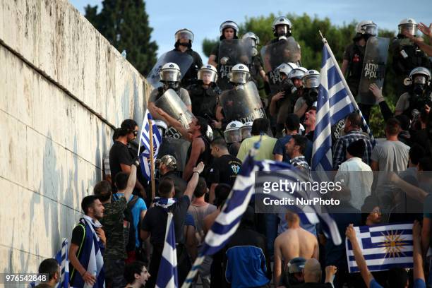 Demonstration against the agreement between Greece and FYROM, outside the Greek Parliament in Athens, Greece on June 16, 2018. The agreement seems to...