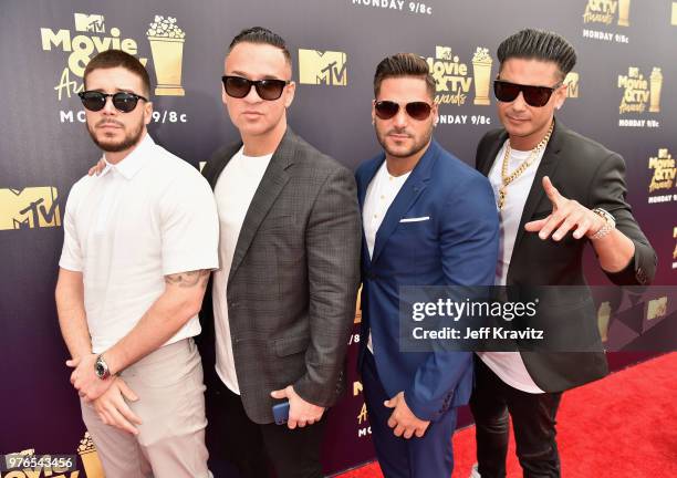 Personalities Vinny Guadagnino, Mike Sorrentino, Ronnie Ortiz-Magro, and Paul Delvecchio attend the 2018 MTV Movie And TV Awards at Barker Hangar on...