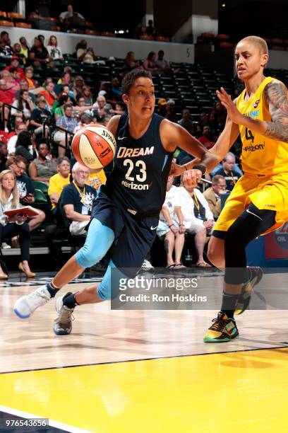 Layshia Clarendon of the Atlanta Dream drives to the basket against the Indiana Fever on June 16, 2018 at Bankers Life Fieldhouse in Indianapolis,...