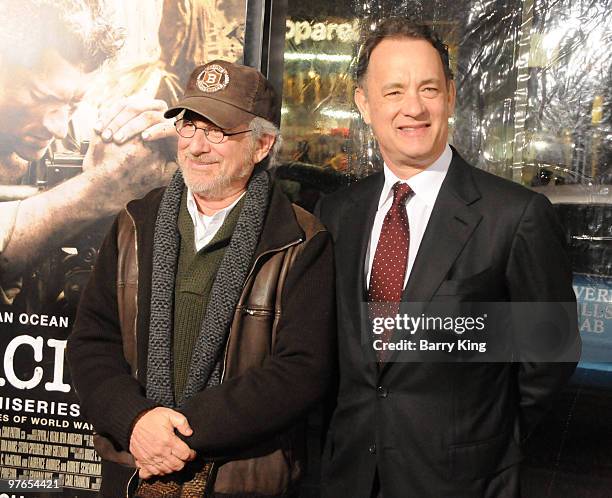 Producers Steven Spielberg and Tom Hanks attend the premiere of HBO's new miniseries "The Pacific" at Grauman's Chinese Theatre on February 24, 2010...
