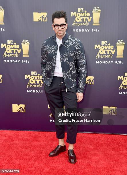 Actor Dan Levy attends the 2018 MTV Movie And TV Awards at Barker Hangar on June 16, 2018 in Santa Monica, California.