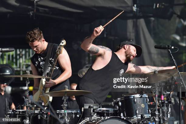 Mike Kerr and Ben Thatcher of Royal Blood perform on the Firefly Stage during the 2018 Firefly Music Festival on June 16, 2018 in Dover, Delaware.