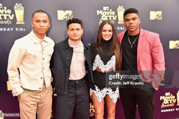 Actors Raymond Cham Jr, Nate Potvin, Madison Pettis, and Spence Moore II attend the 2018 MTV Movie And TV Awards at Barker Hangar on June 16, 2018 in...