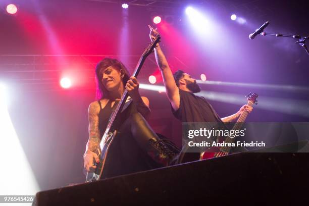 Korey Cooper and John Cooper of Skillet perform live on stage during a concert at Huxleys Neue Welt Berlin on June 16, 2018 in Berlin, Germany.