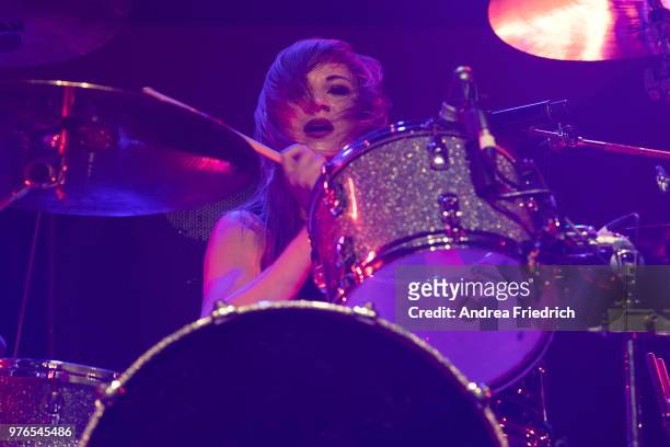 Jen Ledger of Skillet performs live on stage during a concert at Huxleys Neue Welt Berlin on June 16, 2018 in Berlin, Germany.
