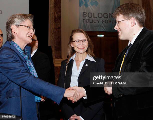 Austrian Education Minister Claudia Schmied and Austrian Science Minister Beatrix Karl welcome French Director General for Higher Education Patrick...