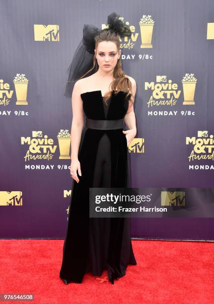 Actor Katherine Langford attends the 2018 MTV Movie And TV Awards at Barker Hangar on June 16, 2018 in Santa Monica, California.